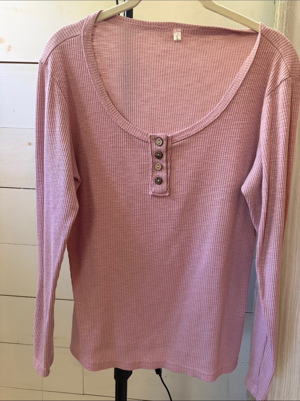 Ribbed Henley Long-Sleeve Top in Dusty Rose